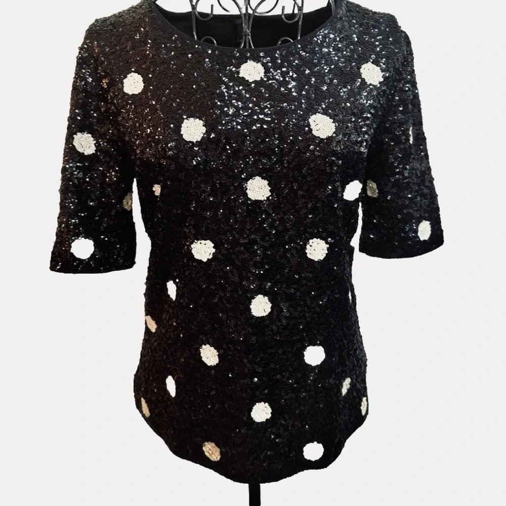 J. Crew black And White Polka Dot Sequin Top. size Small. Excellent Cond…
